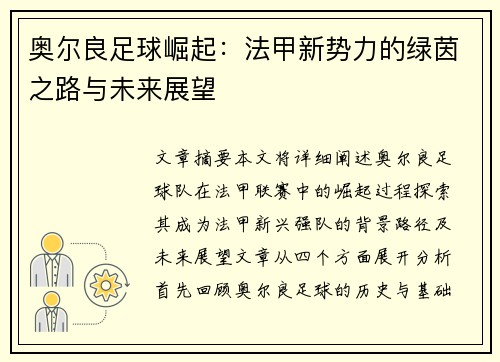 奥尔良足球崛起：法甲新势力的绿茵之路与未来展望
