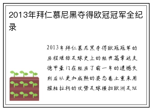 2013年拜仁慕尼黑夺得欧冠冠军全纪录